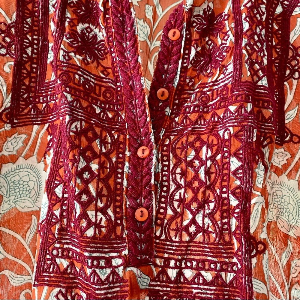 Embroidered tunic floral Asian theme orange red cream short sleeves small - Picture 3 of 7